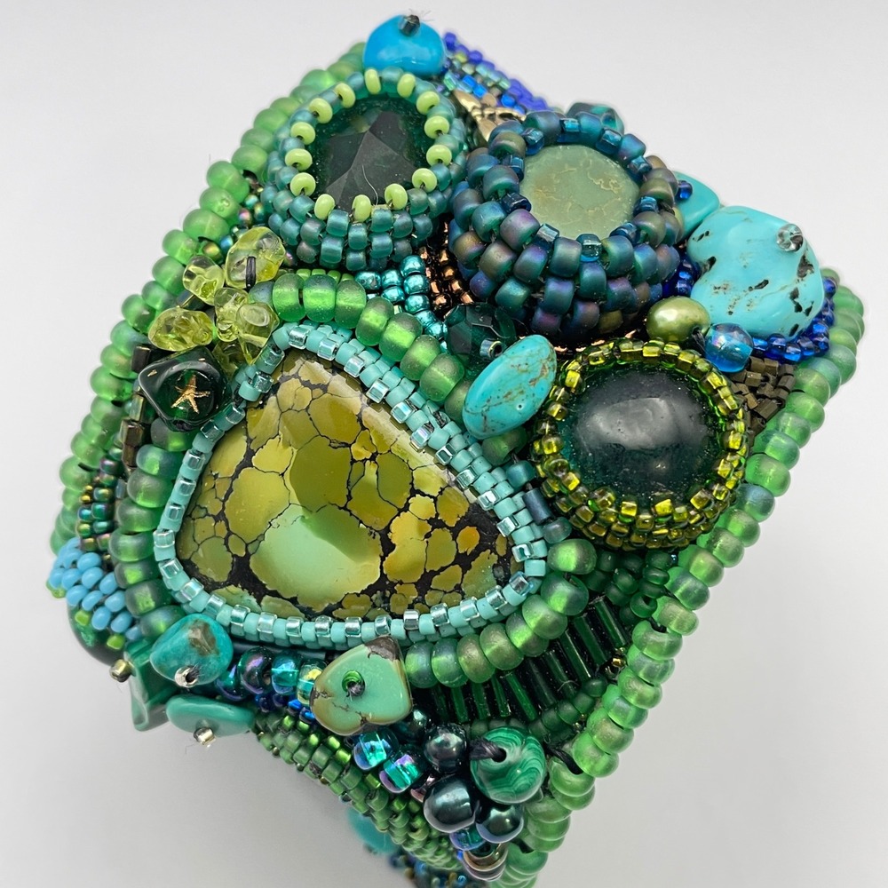 LARGE Beaded Turquoise Boho Cuff Bracelet Adjustable Statement Chunky Bracelet - Picture 6 of 17